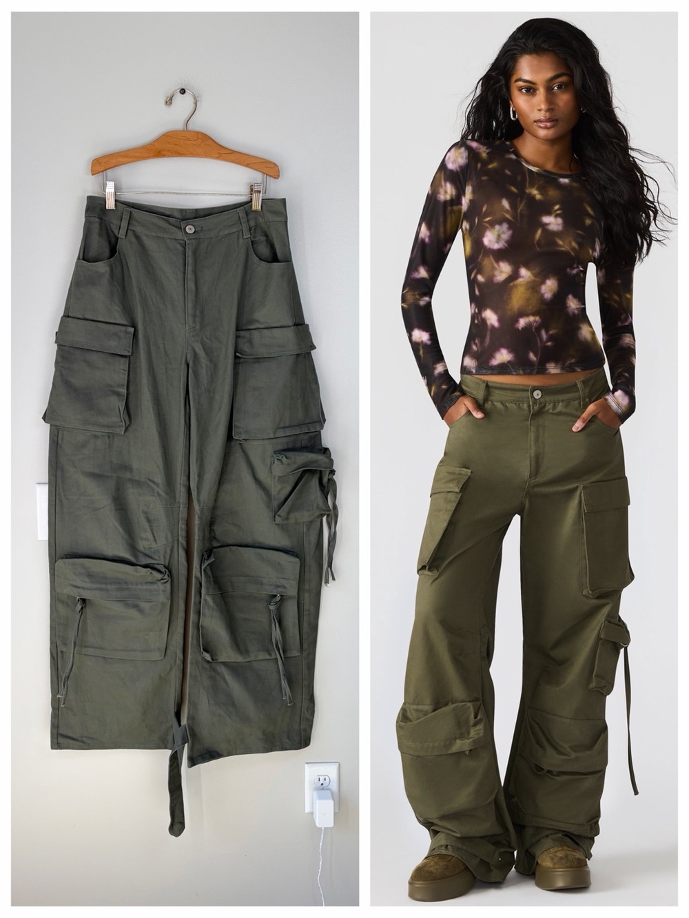 Steve Madden Baggy Cargo Duo Pants in Olive Green 100% Cotton Streetwear Indie